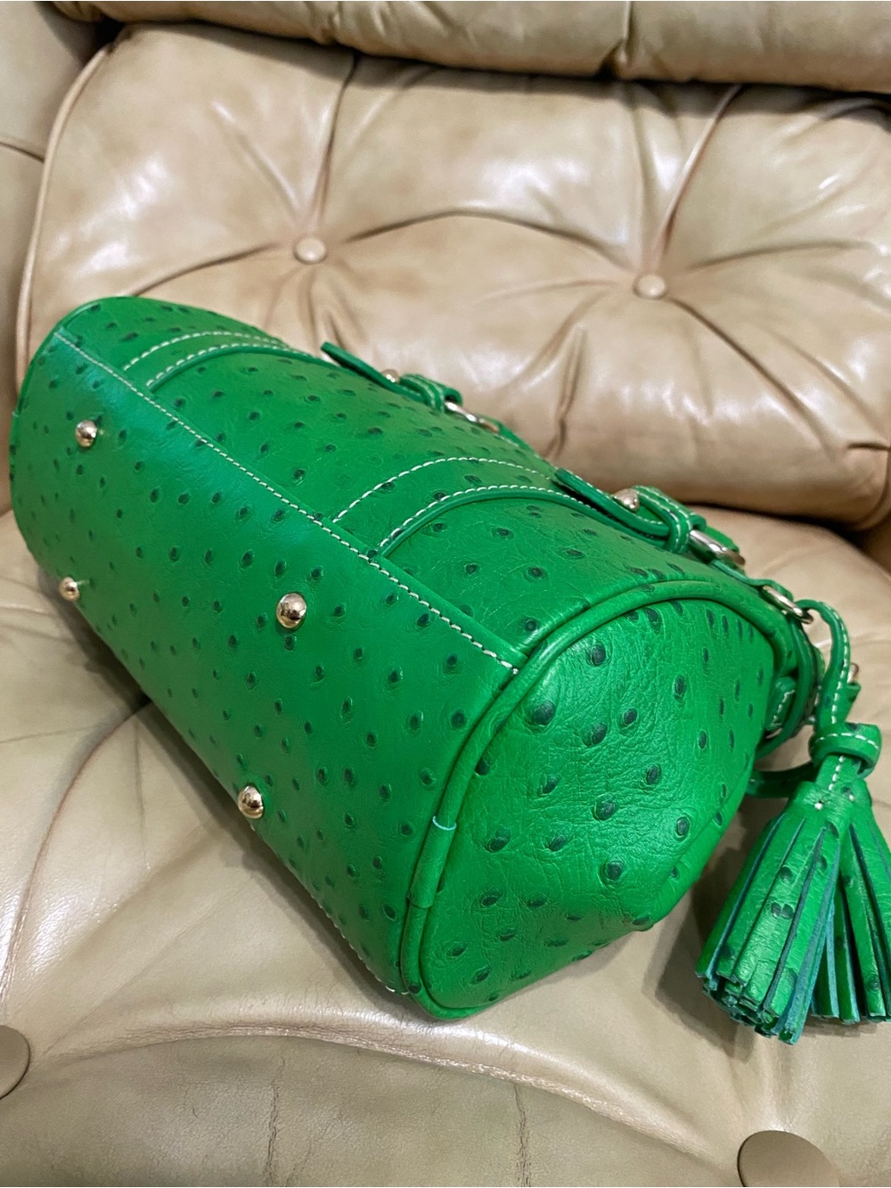 NEW Dooney & Bourke Kelly Green Pocket Satchel Ostrich Embossed Leather Tassel - Picture 9 of 15